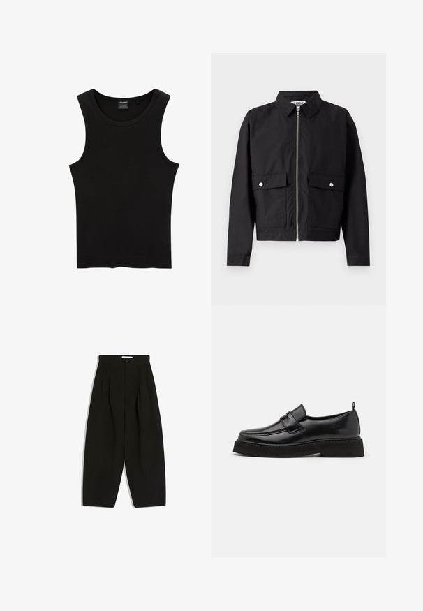 Schwarze Jacke mit Reißverschluss vorne, kurzem Kragen und zwei vorderen Taschen. Der Stoff wirkt glatt und wasserabweisend. Einfaches Design, ohne Muster.; Schwarzes, geripptes Tanktop mit rundem Halsausschnitt und weiten Armausschnitten, aus einem weichen, dehnbaren Stoff. Marke: Pull&Bear.; Schwarze, weit geschnittene Hosen aus weichem Stoff, mit plissiertem Vorderteil, Knopfverschluss und Seitentaschen für zusätzliche Funktionalität.; Schwarze Leder Slipper mit flacher, strukturiertem Sohlen, mit einer gestickten Zehenpartie und einem Riemen über dem Spann.