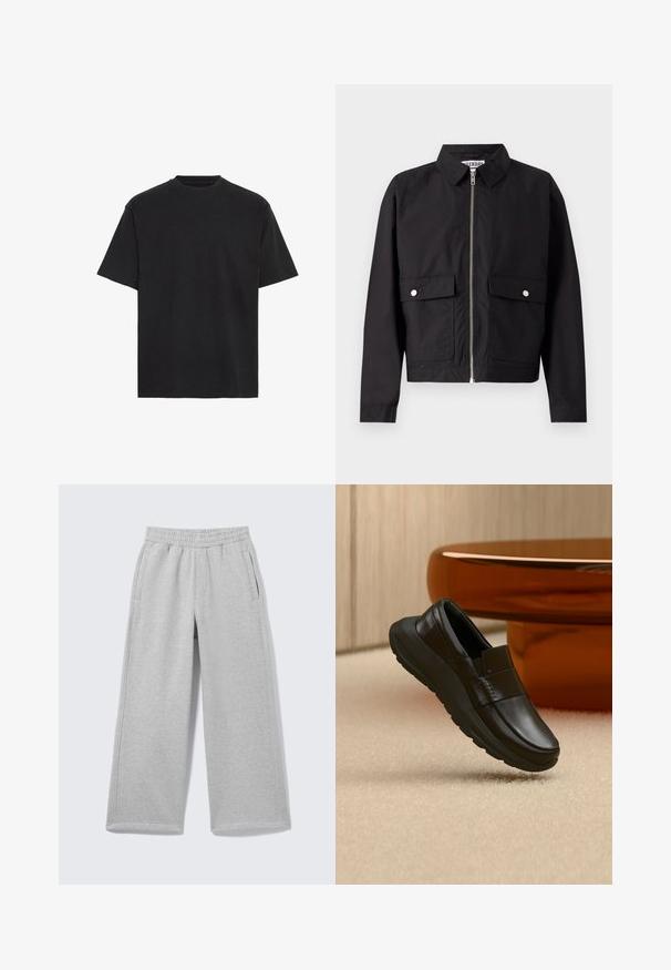 Schwarze Jacke mit Reißverschluss vorne, kurzem Kragen und zwei vorderen Taschen. Der Stoff wirkt glatt und wasserabweisend. Einfaches Design, ohne Muster.; Schwarzes Baumwoll-T-Shirt, kurze Ärmel, Rundhalsausschnitt, leicht, lockere Passform, glatte Textur, keine sichtbaren Muster oder Akzente.; Hellgraue Sweatpants mit weitem Bein, elastischem Bund und Seitentaschen, auf einem einfarbigen Hintergrund gezeigt.; Schwarzer Ledermokassin mit dicker Sohle, dargestellt über beigem Teppich und nahe einer runden bernsteinfarbenen Tischbasis.