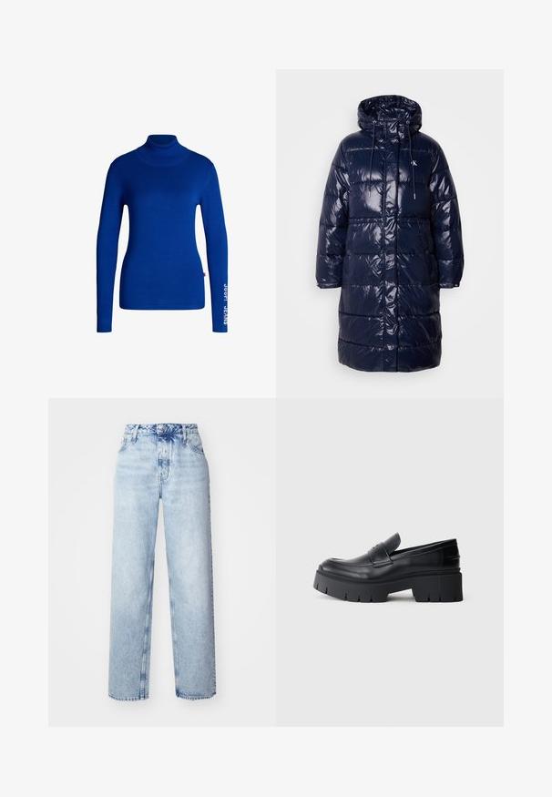 Manteau matelassé bleu marine avec une finition brillante, capuche, fermeture à cordon et boutons pression. Présente un design matelassé et des poches latérales.; Pull col roulé bleu en tissu doux et extensible. Il a des manches longues et le texte "JOOP! JEANS" imprimé en blanc sur la manche droite.; Jeans taille haute bleu clair avec une coupe ample, mettant en avant des jambes droites, cinq poches et une fermeture classique à boutons et zip.; Mocassin plateforme noir épais avec tige en cuir lisse, sangle décorative et semelle texturée épaisse sur fond blanc.