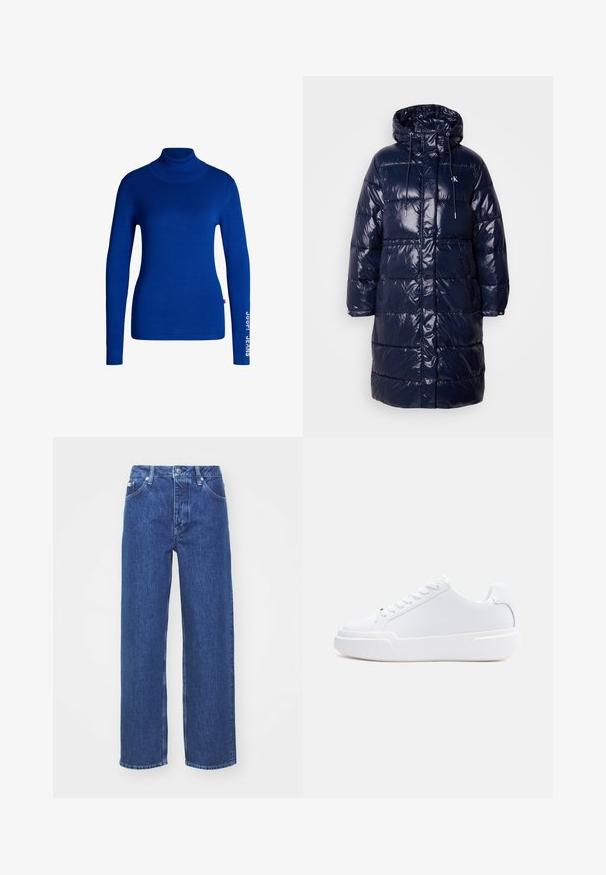 Manteau matelassé bleu marine avec une finition brillante, capuche, fermeture à cordon et boutons pression. Présente un design matelassé et des poches latérales.; Pull col roulé bleu en tissu doux et extensible. Il a des manches longues et le texte "JOOP! JEANS" imprimé en blanc sur la manche droite.; Jeans en denim bleu à jambe large avec taille haute, dotés d'un zip et d'une fermeture à bouton, de passants de ceinture et de détails légèrement décolorés sur le tissu.; Baskets basses blanches à lacets, semelle épaisse et dessus lisse, vues de côté extérieur sur un fond clair uni.