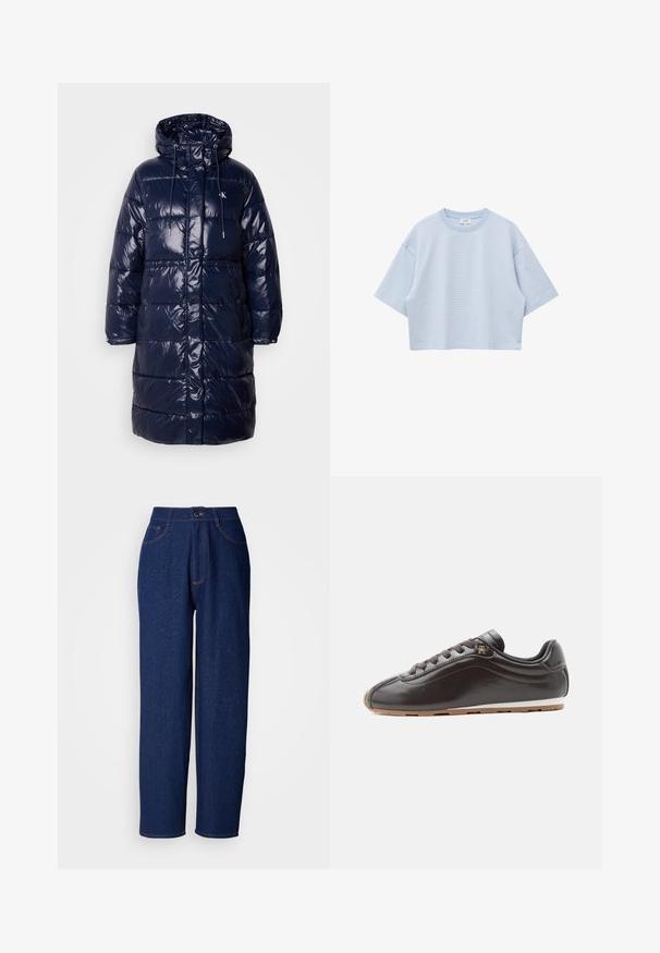 Marineblauwe gewatteerde jas met een glanzende afwerking, capuchon, trekkoordsluiting en drukknoopjes. Kenmerkt een gewatteerd ontwerp en zijzakken.; Lichtblauw kort mouw crop top met dunne witte horizontale strepen en een ronde halslijn.; Donkerblauwe denim wijd uitlopende broek met een hoge taille, voorzien van oranje stiksels, voorkzakken en een knoopsluiting. Zorgt voor een gladde textuur met subtiele stippen.; Donkerbruine lage sneaker met veters aan de voorkant, glad leren bovenwerk en een lichtbruine rubberen zool.
