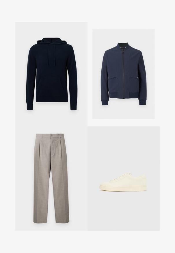 Veste bomber bleu marine avec fermeture éclair à l'avant, col, poignets, ourlet côtelés et deux poches à rabat avec boutons pression.; Hoodie marine en tissu tricot doux, avec une poche kangourou à l'avant, un capot avec cordon de serrage et des poignets côtelés. Design simple sans motifs visibles.; Pantalon droit de costume gris clair avec plis, passants pour ceinture, fermeture par bouton et braguette à glissière, présenté sur un fond uni.; Baskets couleur crème avec une tige en cuir lisse, bout arrondi, laçage à l'avant et semelle en caoutchouc texturée. Design minimaliste, sans logo.