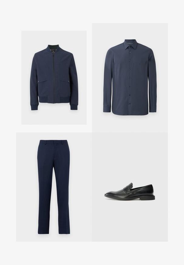 Veste bomber bleu marine avec fermeture éclair à l'avant, col, poignets, ourlet côtelés et deux poches à rabat avec boutons pression.; Chemise à manches longues bleu marine en tissu doux, avec un col boutonné et des boutons noirs sur le devant. Détail de texture subtile visible.; Pantalon tailleur bleu marine avec passants de ceinture, fermeture éclair devant et coupe droite sur fond blanc uni.; Mocassins en cuir noir avec une texture lisse, un nez pointu et un petit talon rectangulaire. Présente un détail de bande horizontale sur le dessus.