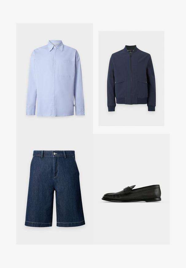 Veste bomber bleu marine avec fermeture éclair à l'avant, col, poignets, ourlet côtelés et deux poches à rabat avec boutons pression.; Chemise bleu clair à manches longues avec boutons, col pointu et une poche poitrine unique sur fond blanc uni.; Short en denim bleu foncé avec poches avant, passants pour ceinture, fermeture par bouton et surpiqûres blanches visibles sur un fond clair.; Mocassin en cuir noir avec un petit talon et un détail de bride sur le dessus, montré de profil sur un fond clair.