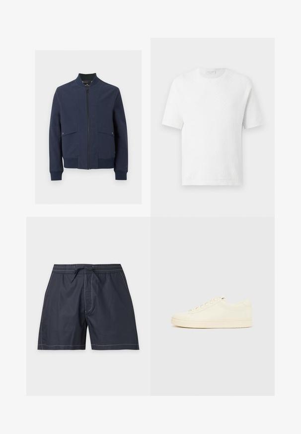 Veste bomber bleu marine avec fermeture éclair à l'avant, col, poignets, ourlet côtelés et deux poches à rabat avec boutons pression.; T-shirt blanc à manches courtes en maille texturée avec col rond, présenté sur un fond clair uni.; Short de bain bleu marine avec coutures blanches, taille élastique, poches latérales et fermeture à nouer sur le devant.; Baskets couleur crème avec une tige en cuir lisse, bout arrondi, laçage à l'avant et semelle en caoutchouc texturée. Design minimaliste, sans logo.
