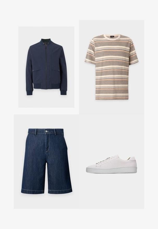 Veste bomber bleu marine avec fermeture éclair à l'avant, col, poignets, ourlet côtelés et deux poches à rabat avec boutons pression.; T-shirt en maille à manches courtes avec des rayures horizontales dans les couleurs crème, noir, marron et orange, présenté sur un fond clair uni.; Short en denim bleu foncé avec poches avant, passants pour ceinture, fermeture par bouton et surpiqûres blanches visibles sur un fond clair.; Baskets basses en cuir blanc avec lacets blancs, semelle en caoutchouc plate texturée et coutures minimalistes, vues de côté extérieur sur fond blanc.