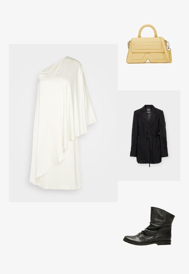 Zwart gestructureerd blazer met revers, lange mouwen, twee klepzakken aan de voorkant en een smalle riem in de taille, gelabeld Scotch & Soda Amsterdam.; ARKET Cocktailjurk - beige light; Zwarte leren enkelboot met een slouch ontwerp, ronde neus en platte zool. Kenmerkt zich door een subtiele vlinderlogo aan de zijkant. Gladde textuur.; Gele leren handtas met een gestructureerd ontwerp, bovenhandvat, afneembare riem en een getextureerde voorflap met een geperst logo detail.
