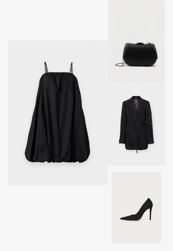 Blazer noir texturé avec revers, manches longues, deux poches avant à rabat et une ceinture fine à la taille, étiquette Scotch & Soda Amsterdam.; Robe noire à fines bretelles, coupe ample en forme de ballon, avec un col froncé. Fabriquée en tissu doux, présentant une texture lisse sans motifs visibles.; Escarpin noir à bout pointu et talon aiguille fin, photographié de côté sur fond blanc.; Pochette noire avec une finition lisse et mate, forme arrondie et une chaîne en métal argenté. Comprend un détail de fermoir géométrique sur le dessus.