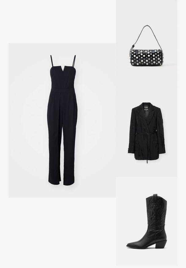 Blazer negro texturizado con solapas, mangas largas, dos bolsillos frontales con solapa y un cinturón delgado en la cintura, etiquetado Scotch & Soda Ámsterdam.; Mono negro con escote en V, tirantes finos y un corsé ajustado. El diseño de pierna ancha con pliegues añade estructura. Textura de tela suave.; Botas de vaquero de cuero negro con punta afilada, patrones en relieve en espiral y un tacón de altura media. Presentan una lengüeta para facilitar el uso.; Bolso de mano de cuero negro con forma redondeada, decorado con tachuelas plateadas. Cuenta con una correa desmontable y cierre de cremallera. Textura lisa.