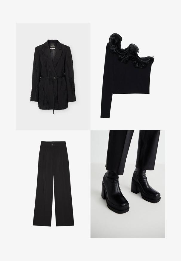 Čierny textúrovaný blejzer s klopami, dlhými rukávmi, dvoma prednými vreckami s chlopňou a tenkým opaskom v páse, označený Scotch & Soda Amsterdam.; Čierny top na jedno rameno s volánkovým priesvitným prešívaním pozdĺž dekoltu, vyrobený z ľahkej tkaniny s hladkou textúrou.; Čierne nohavice s širokými nohavicami vyrobené z jemnej látky, s vysokým pásom, prednými záhybmi a zapínaním na jeden gombík. Hladká textúra a elegantný strih.; Čierne kožené platformové členkové topánky s vysokým blokovým podpätkom a hladkou textúrou. Obsahujú švy a priliehavý strih.