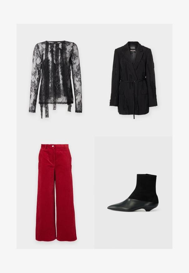 Blazer negro texturizado con solapas, mangas largas, dos bolsillos frontales con solapa y un cinturón delgado en la cintura, etiquetado Scotch & Soda Ámsterdam.; Top negro transparente de manga larga con intrincados patrones de encaje floral, cuello redondo y flecos fluidos en la parte delantera.; Pantalones de pana anchos rojos con un tejido texturizado, que presentan un cierre de botón clásico y una cintura alta. Acabado suave con canalones verticales.; Bota negra hasta el tobillo con parte superior de ante texturizado y puntera de cuero liso. Presenta una puntera afilada y un diseño único de tacón bajo en cuña.