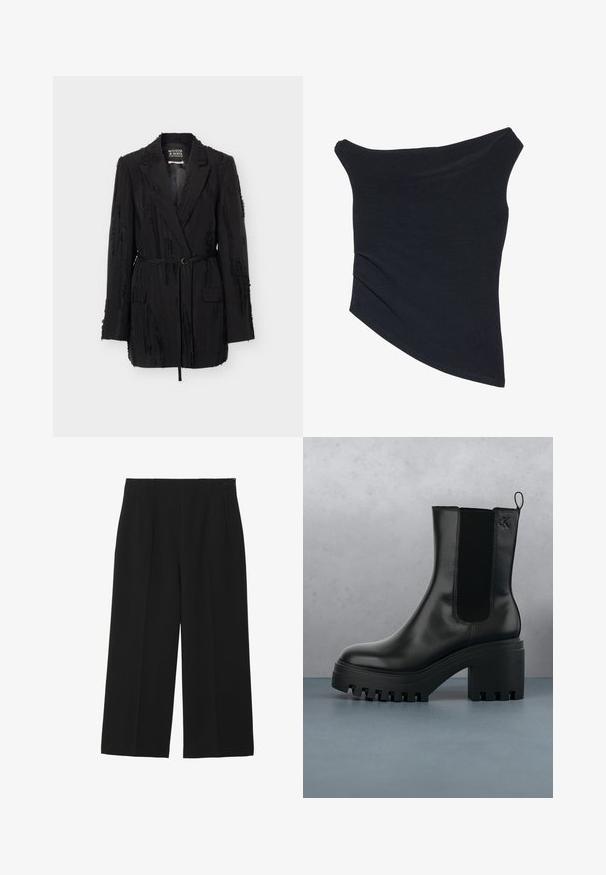 Sort tekstureret blazer med reverser, lange ærmer, to forlommer med klap og et smalt bælte i taljen, mærket Scotch & Soda Amsterdam.; Sort, off-shoulder top med en tætsiddende design, asymmetrisk kant og blød, glat tekstur. Den har samlet stof ved halsudskæringen.; Sorte breddebenede bukser lavet af glat stof, med to forlommer, flad front og lynlås lukning på siden.; Sort læder ankelstøvle med rund tå, kraftig platformssål og mesh-sidede accenter. Har en trækflig for nem påtagning.