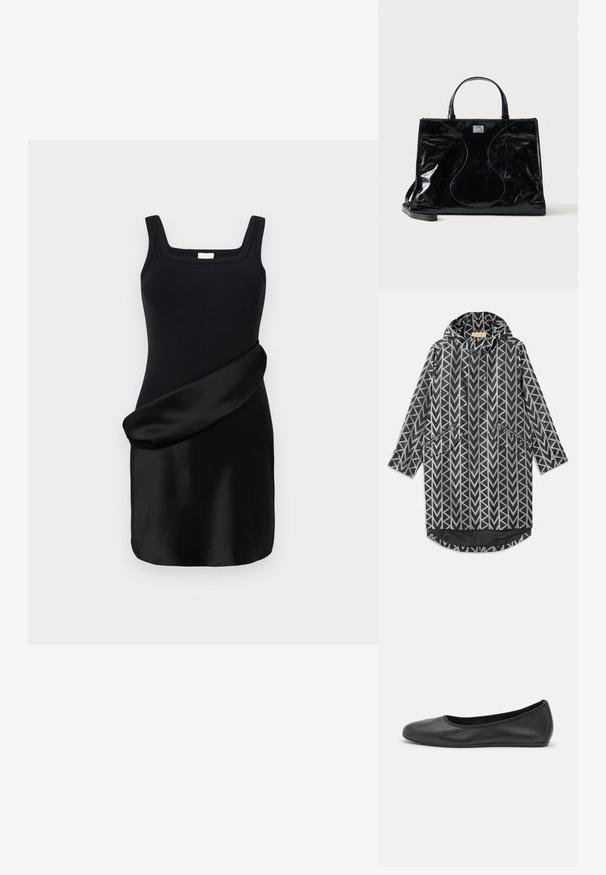 Regenjas met een zwart-wit geometrisch patroon, voorzien van een capuchon, ritszakken en een lang, recht ontwerp met een langere achterzoom.; Zwarte jurk met een geribd tanktop met vierkante halslijn en een gladde, gedrapeerde satijnen rok. Het ontwerp combineert contrasterende texturen.; Zwarte leren ballerina met een ronde neus, gladde textuur, minimale stikdetails en een flexibele zoolontwerp.; Zwarte glanzende leren handtas met korte handvatten, afneembare schouderriem en subtiele gebogen stiksel details aan de voorkant.