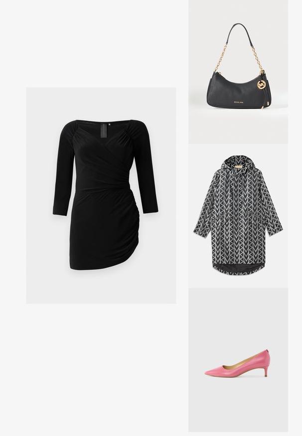 Imperméable en motif géométrique noir et blanc, doté d'une capuche, de poches zippées et d'un design long et droit avec un ourlet arrière plus long.; Robe noire enveloppante en tissu doux, avec des manches trois-quarts, une silhouette ajustée et des détails froncés sur le côté.; Escarpin en cuir rose à bout pointu, avec un talon bas et une texture lisse. Dispose d'une découpe sur le côté et d'un design minimaliste.; Sac à main en cuir grainé noir avec bandoulière chaîne dorée, logo Michael Kors doré à l’avant, et breloque porte-clés MK circulaire suspendue sur le côté.