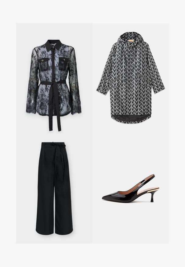 Regenjas met een zwart-wit geometrisch patroon, voorzien van een capuchon, ritszakken en een lang, recht ontwerp met een langere achterzoom.; Zwarte kanten blouse met lange mouwen, knoopzakken op de borst, een klassieke kraag en een stoffen riem die op de taille is gestrikt. Doorzichtige uitstraling.; Zwarte wijde broek met hoge taille en een stoffen riem die in een strik is geknoopt in de taille, getoond tegen een effen achtergrond.; Zwarte lakleren slingback pump met puntige neus en lage kittenheel op een eenvoudige witte achtergrond.