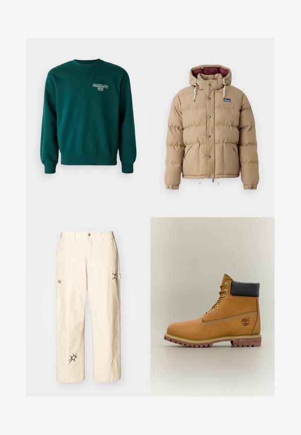 Penfield THE BOWERBRIDGE - Vinterjakker - lead gray; Grøn sweatshirt lavet af bomuldsblandet stof med ribbet rund halsudskæring, mansjetter på ærmerne og et lille hvidt logo på forsiden.; Obey Clothing BIG TIMER CARPENTER - Cargobukser - clay; Brun læderankelstøvle med sort krave, gule snørebånd og tanfarvet sål. Har logo og hvide syninger som detalje. Robust ydersål med greb.