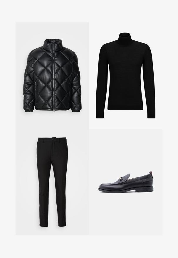 Sort quiltet pufferjakke med høj krave, frontlynlås og lynlåslommer i siden, lavet af glat, blankt materiale.; Sort turtleneck sweater lavet af blødt materiale, med lange ærmer og en tætsiddende pasform. Ribbet trim ved kanten og manchetter. Simpelt design.; Sorte bukser med slim fit, der har en knaplukning, lynlås og to forlommer. Glat stof med mat overflade.; Sort lædermokasin med grå tekstureret forfod, sølvfarvet metalspænde, lav hæl og trækflap bagpå.