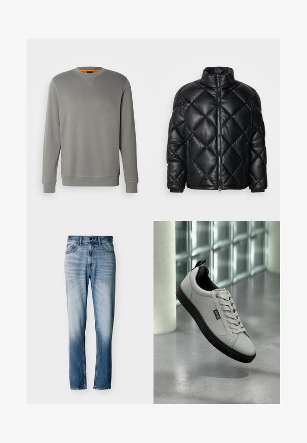 Chaqueta de plumas acolchada negra con cuello alto, cremallera frontal y bolsillos laterales con cremallera, hecha de un material suave y brillante.; BOSS WESTART - Sudadera - open grey sixteen; Vaqueros azules desgastados de pierna recta con cinco bolsillos, cierre de botón y trabillas para cinturón, mostrados extendidos sobre un fondo blanco.; Zapatillas deportivas gris claro de cuero liso, con detalles en negro y suela de goma. Los cordones están bien atados y se puede ver una etiqueta de la marca.