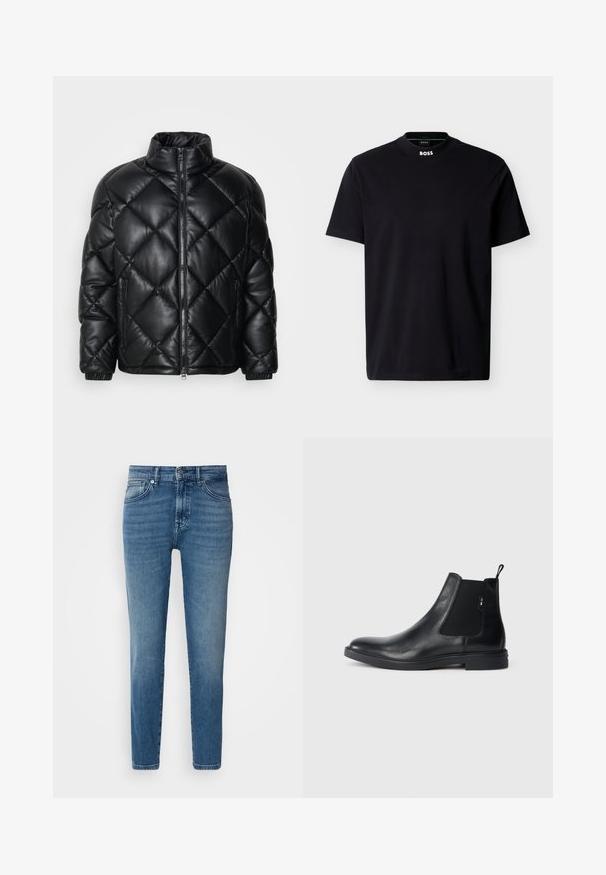 Doudoune noire matelassée avec col haut, fermeture éclair sur le devant et poches latérales zippées, fabriquée en matériau lisse et brillant.; T-shirt noir à manches courtes et col rond avec logo "BOSS" blanc sur le col, présenté sur un fond blanc.; Jeans en denim bleu clair avec une coupe droite, design traditionnel à cinq poches, fermeture par bouton en métal et décoloration subtile à l'avant.; Bottines Chelsea en cuir noir avec des panneaux élastiques sur les côtés, une languette arrière et une semelle en caoutchouc plate. Texture lisse avec un minimum de détails.