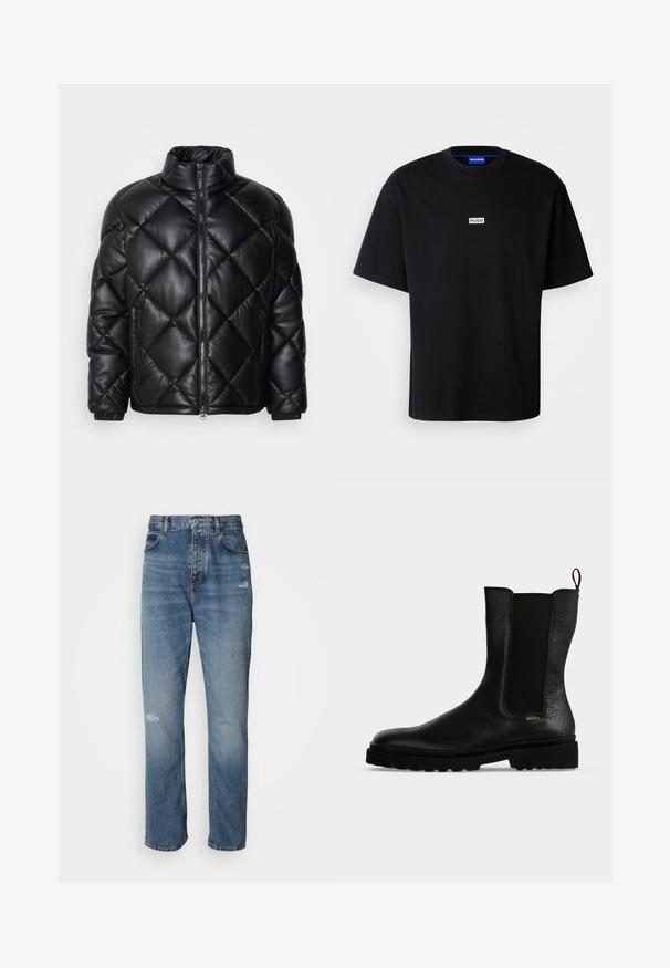 Doudoune noire matelassée avec col haut, fermeture éclair sur le devant et poches latérales zippées, fabriquée en matériau lisse et brillant.; T-shirt en coton noir avec un col rond, des manches courtes et un logo rectangulaire "HUGO" blanc sur la poitrine. Texture lisse, coupe décontractée.; Jean en denim bleu clair au design droit, avec une fermeture à bouton et zip, cinq poches et des détails usés près des genoux.; Bottine en cuir noir avec un panneau latéral élastique, une semelle épaisse et une languette à l’arrière, featuring un petit logo doré "Hugo" près du talon.