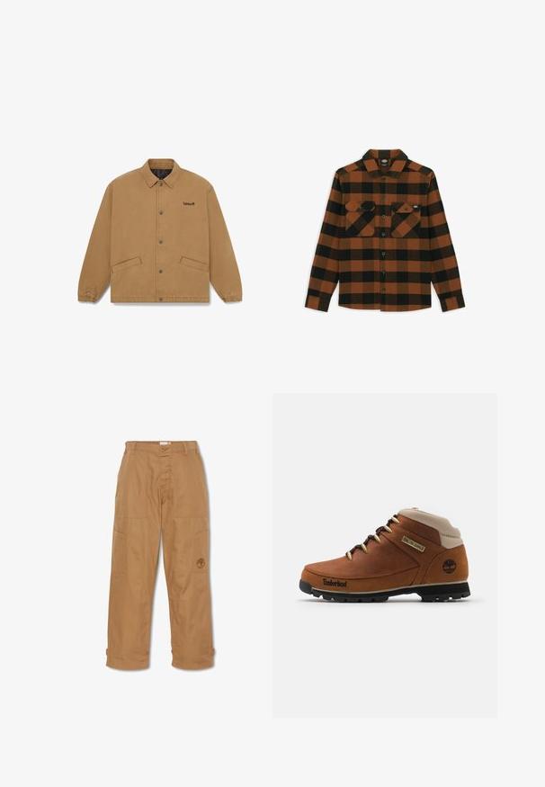 Veste marron à boutons avec col, poignets élastiques, deux poches avant et petit logo noir Timberland sur la poitrine gauche.; Chemise à manches longues en motif écossais orange et noir, fabriquée dans un tissu texturé. Comprend deux poches poitrine et une fermeture à boutons.; Pantalons de travail khaki, fabriqués en tissu durable, dotés de plusieurs poches, d'une fermeture à bouton et d'un logo brodé sur la cuisse.; Bottillon de randonnée en cuir marron avec un col beige, une semelle en caoutchouc noir et des œillets dorés. Présente un logo Timberland sur le côté.