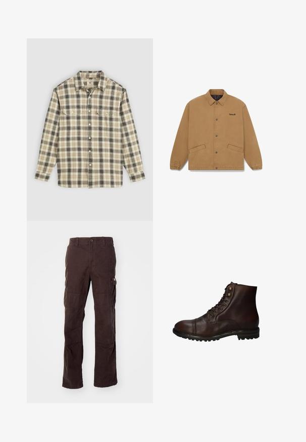 Braune Jacke mit Knopfleiste, Kragen, elastischen Bündchen, zwei vorderen Taschen und kleinem schwarzem Timberland-Logo auf der linken Brust.; Langärmliges kariertes Hemd aus beigem, schwarzem und braunem Stoff, mit Knopfverschluss, zwei Brusttaschen und klassischem Kragen.; Braune Cargo-Hose aus robustem Baumwollstoff, mit seitlichen Taschen, einer lässigen Passform und geraden Beinen mit sichtbaren Nähten.; Dunkelbraune Leder Schnürstiefelette mit robustem Gummisohlen und Metallösen, von der Außenseite betrachtet.