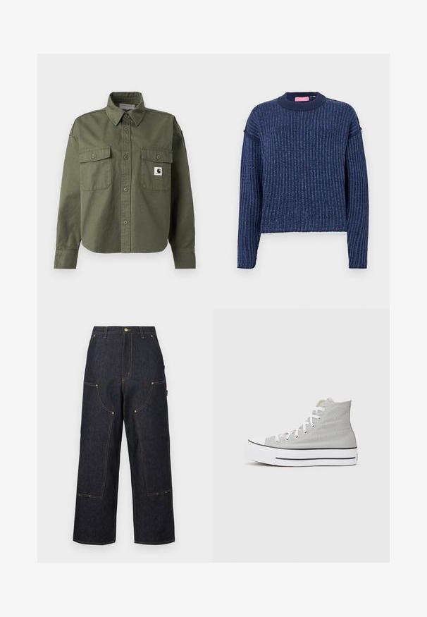 Olijfgroen katoenen overhemd met een button-down kraag, lange mouwen, twee borstzakken en een klein logolabel op de linkerborstzak.; Navyblauwe gebreide trui met een geribbelde textuur, lange mouwen en een ronde halslijn. Heeft een subtiele kleurvariatie doorheen.; Donkerblauwe wijde denim broek met meerdere zakken aan de voorkant, contrasterende oranje stiksels en een knoopsluiting in de taille.; Hoge sneakers van lichtgrijs canvas, met witte veters, een witte rubberen zool en een zwarte streep langs de basis.