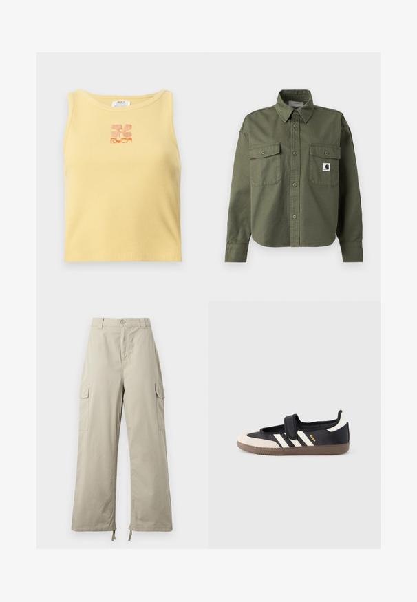 Chemise en coton vert olive avec col boutonné, manches longues, deux poches poitrine et une petite étiquette logo sur la poche gauche.; Débardeur jaune à côtes avec un petit logo floral brodé en orange au centre. Design simple, sans manches, avec un col rond.; Pantalons cargo beige clair avec une coupe décontractée, dotés d'une fermeture à bouton, de poches latérales et d'un ourlet ajustable avec des liens. Texture de tissu lisse.; Baskets noires et beiges avec une bride en velcro, trois bandes blanches sur le côté, et une semelle en caoutchouc marron texturée. Logo de la marque visible.