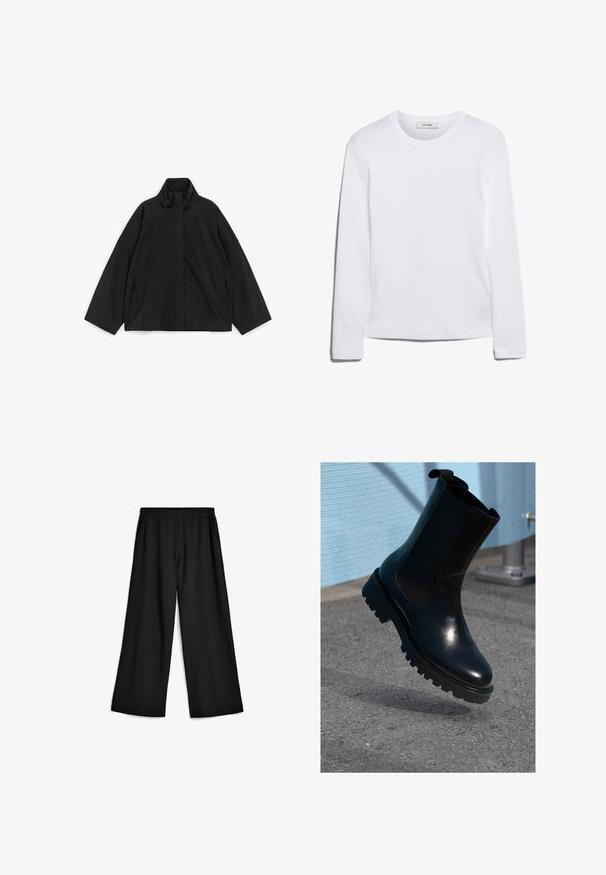 Schwarze, leichte Jacke mit hohem Kragen, langen, weiten Ärmeln und vorderem Reißverschluss, der von einer Klappe bedeckt ist, flach auf weißem Hintergrund ausgelegt.; Langärmliges weißes T-Shirt aus geripptem Baumwollstoff, mit rundem Ausschnitt und geradem Saum. Einfaches Design ohne Muster oder Akzente.; Schwarze, weit geschnittene Hose aus weichem, dehnbarem Stoff. Elastischer Bund mit Taschen an den Seiten. Klare Linien und glatte Oberfläche.; Schwarzer Leder-Stiefelette mit elastischen Seitenteilen, rundlicher Spitze und einer dicken, strukturierten Sohle. Glatte Oberfläche mit minimalistischem Design.