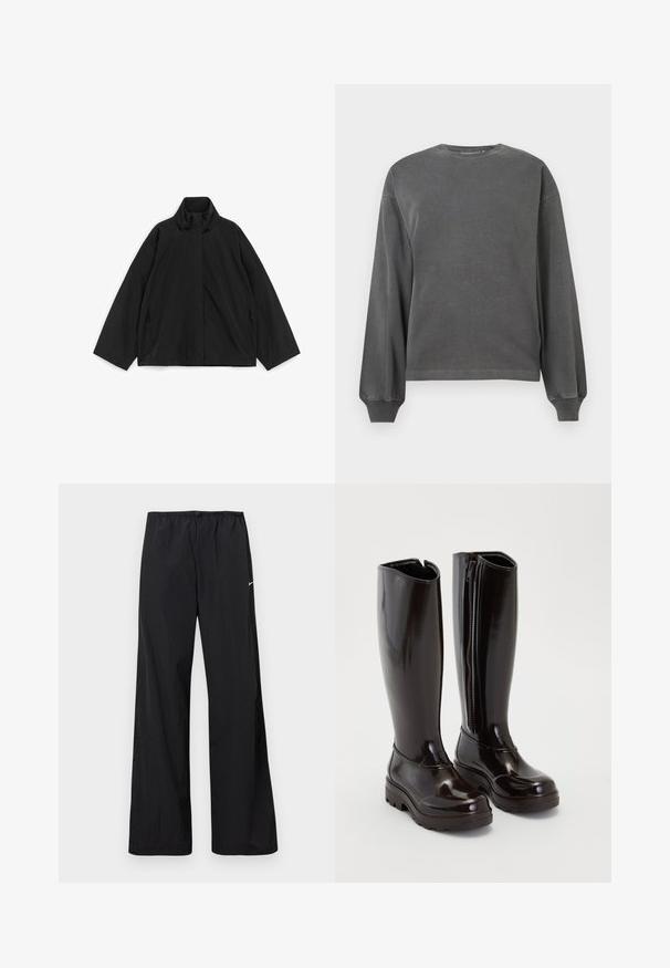 Veste légère noire avec col montant, manches longues larges, et fermeture éclair avant recouverte d'un rabat, posée à plat sur fond blanc.; Sweatshirt gris à manches longues avec col rond, fabriqué en tissu doux. Présente des poignets côtelés et une coupe décontractée. Design minimaliste, sans motifs.; Pantalon de sport noir ample avec taille élastique et petit logo Nike blanc sur la cuisse gauche, présenté sur un fond blanc.; Bottes noires brillantes jusqu'aux genoux avec semelles épaisses et fermeture éclair sur le côté, sur un fond blanc uni.