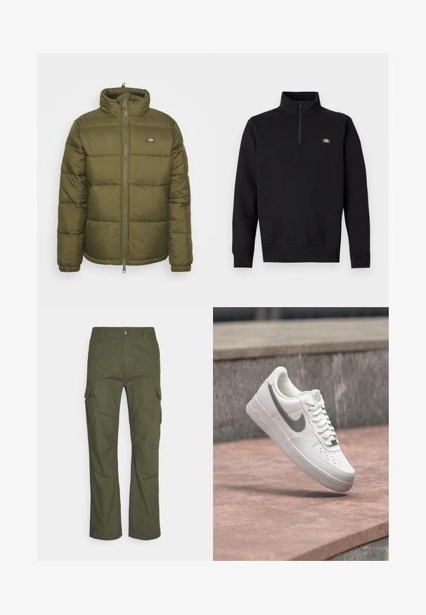 Chaqueta acolchada verde oliva con cuello alto, cremallera frontal completa y puños acanalados. Presenta costuras horizontales y un pequeño logotipo en el pecho.; Jersey negro de manga larga con cremallera hasta el cuarto, cuello alzado y pequeña etiqueta rectangular con logo en el pecho izquierdo.; Pantalones cargo en verde oliva oscuro, con múltiples bolsillos laterales, un corte recto y una tela resistente con un acabado texturizado.; Zapatilla blanca Nike Air Force 1 con logo swoosh gris flotando sobre una superficie de piedra y un fondo de pared de piedra gris.