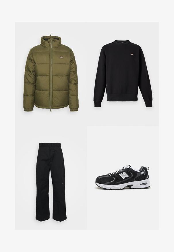 Olivengrøn pufferjakke med høj krave, lynlås foran og ribbede manchetter. Har horisontale syninger og et lille logo på brystet.; Sort crewneck-sweatshirt med lange ærmer, ribstrikkede manchetter og kant samt et lille rektangulært logo på venstre bryst.; Sorte bukser lavet af robust stof, med lige ben, bæltestropper og en lille logo på den nederste side.; Sorte og grå sportssko med mesh og ruskind på overdelen, der har en hvid mellemsål, snørebånd og et iøjnefaldende "N" logo på siden.