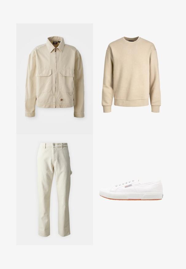 Beige, letvægtsjakke med lynlås foran, to brystlommer og et lille logo ved nederkanten. Lavet af slidstærk bomuldsstof.; Beige sweatshirt lavet af blødt stof, med rund hals, lange ærmer og ribbede mansjetter og kant for en afslappet pasform.; Beige lige bukser lavet af bomuld med en blød struktur, der har en frontlukning med knap og sidelommer.; Hvide kanvas sneakers med gummisål, snørebåndsdesign og et lille logo mærke på siden. Tekstureret hvid overdel og brun ydersål.