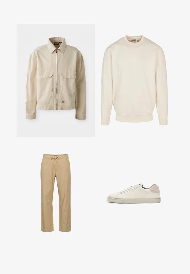 Chaqueta ligera beige con cremallera en el frente, dos bolsillos en el pecho y un pequeño logo en el dobladillo. Fabricada con un duradero tejido de algodón.; Sudadera color crema con cuello y puños acanalados. Presenta un corte holgado, textura suave y sin patrones o gráficos visibles.; Pantalones de algodón beige de corte relajado con cintura elástica y cordón. Presentan bolsillos laterales y corte recto en las piernas. Sin patrones visibles.; Zapatilla blanca de piel de perfil bajo con cordones blancos, suela ligeramente texturizada y parche de ante gris claro en el talón, vista lateral.