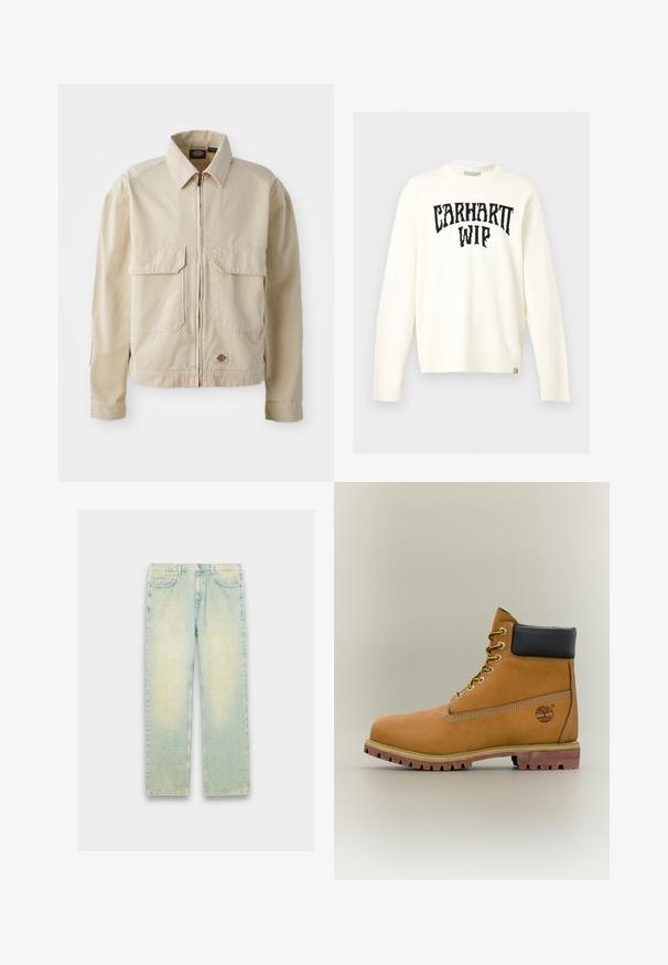 Beige, letvægtsjakke med lynlås foran, to brystlommer og et lille logo ved nederkanten. Lavet af slidstærk bomuldsstof.; Off-white langærmet crewneck sweater med sort "CARHARTT WIP" tekst tværs over brystet og et lille mærke nederst på kanten.; Lyseblå denimjeans med løs pasform, fem lommer, lynlås og en slidt finish langs lår og knæ.; Brun læderankelstøvle med sort krave, gule snørebånd og tanfarvet sål. Har logo og hvide syninger som detalje. Robust ydersål med greb.