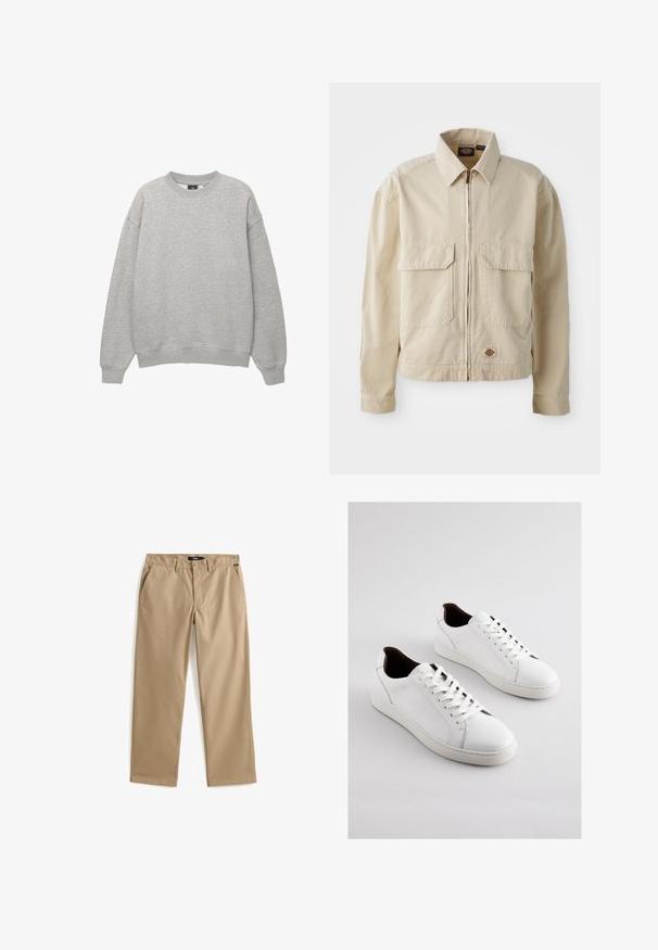 Beige, lichtgewicht jack met een rits aan de voorkant, twee borstzakken en een klein logo aan de onderrand. Gemaakt van duurzaam katoen.; Lichtgrijze sweater met ronde hals, lange mouwen, geribbelde manchetten en zoom, afgebeeld op een witte achtergrond.; Beige rechte broek met knoop- en ritssluiting, ceintuurlussen en zijzakken, plat liggend op een witte achtergrond.; Witte lederen sneakers met een laag profiel, geperforeerde zijkanten, platte veters en een contrasterende bruine binnenvoering. Rubberen zool met een textuurpatroon.