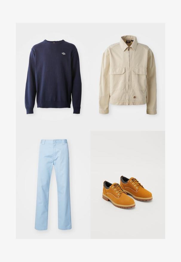 Beige, letvægtsjakke med lynlås foran, to brystlommer og et lille logo ved nederkanten. Lavet af slidstærk bomuldsstof.; Mørkeblå strikket crewneck sweater med ribbede manchetter og kant. Har et lille logo på brystet og en blød tekstur.; Lyseblå lige bukser lavet af en blanding af bomuldsstof. Har en flad frontlinning, sidelommer og ingen synlige mønstre eller udsmykninger.; Brune ruskindssko med rund tå, gule snørebånd, en polstret sort krave og gummisåler med skridsikre riller.