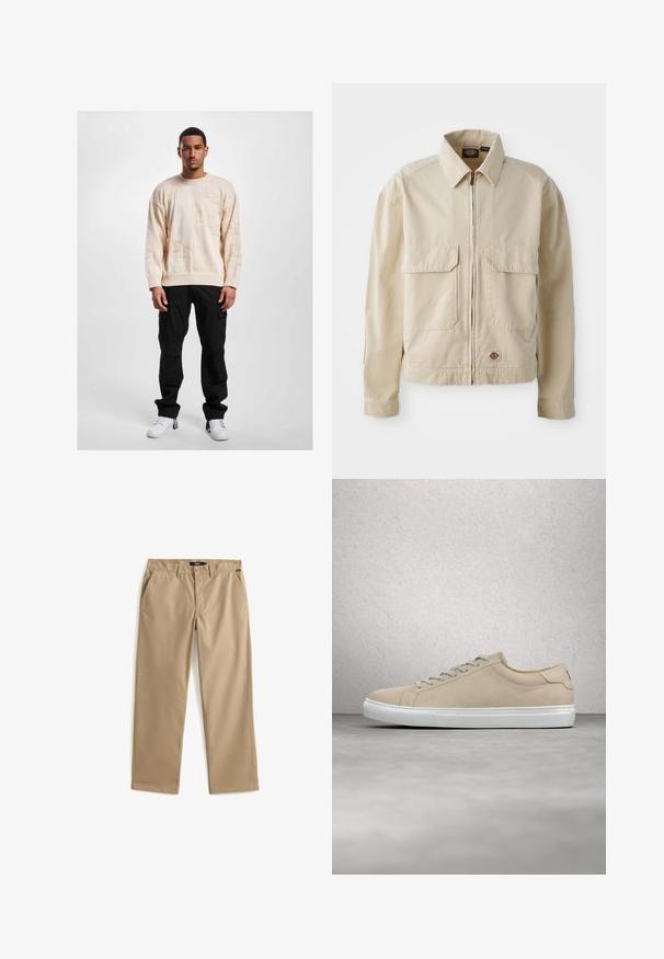 Veste beige légère avec fermeture éclair sur le devant, deux poches poitrine et un petit logo à l'ourlet. Fabriquée en tissu coton durable.; Pull en tricot beige avec des motifs en relief, col rond et épaules tombantes, associé à un pantalon cargo noir et des baskets blanches.; Pantalon beige à jambes droites avec fermeture à bouton et fermeture éclair, passants de ceinture et poches latérales, posé à plat sur un fond blanc.; Baskets en suède beige avec un bout arrondi, semelle en caoutchouc blanche et lacets assortis. Design minimaliste avec des détails de coutures discrètes.