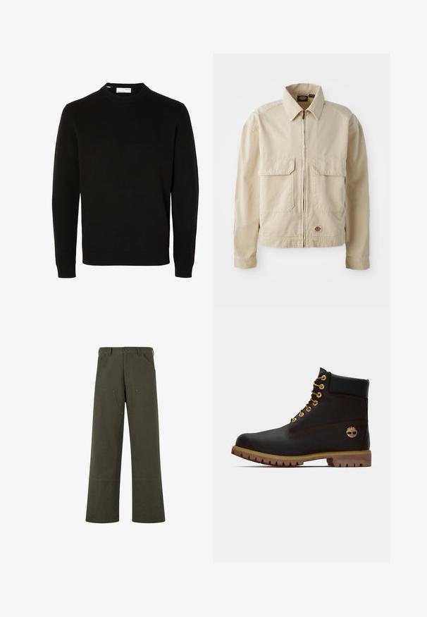 Beige, lichtgewicht jack met een rits aan de voorkant, twee borstzakken en een klein logo aan de onderrand. Gemaakt van duurzaam katoen.; Zwarte lange mouws trui met ronde hals en geribbelde boorden en zoom, afgebeeld op een effen witte achtergrond.; PROHIBITED EAST HAM CARPENTER - Broek - green; Zwarte leren enkellaars met gouden oogjes, bruine accenten en een rubberen zool. Heeft een gevoerde kraag en geperst logo aan de zijkant.