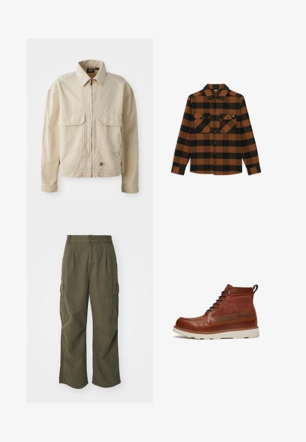 Beige, kevyt takki, jonka edessä on vetoketju, kaksi rintataskua ja pieni logo helmassa. Valmistettu kestävästä puuvillakankaasta.; Pitkähihaisen oranssi-mustaraidallisen paidan valmistuksessa on käytetty teksturoidusta kankaasta. Paidassa on kaksi rintataskua ja napitettu etuosa.; Vihreät cargo-housut, valmistettu puuvillasta, leveällä lahjesuunnittelulla, taitoksilla ja sivutaskuilla käytännöllisyyttä varten.; Timberland Nauhalliset nilkkurit - rust copper