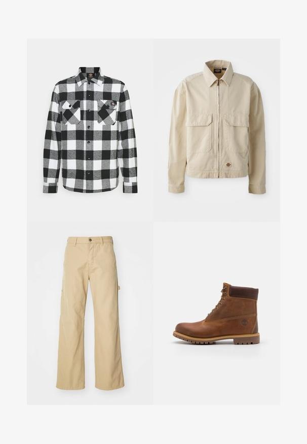Beige, lichtgewicht jack met een rits aan de voorkant, twee borstzakken en een klein logo aan de onderrand. Gemaakt van duurzaam katoen.; Zwart-witte flanellen blouse met een geruit patroon, voorzien van twee borstzakken, knoopsluiting en een kraag. Zachte, gestructureerde stof.; Beige wijde cargo broek met een knoopsluiting, voorzien van zijzakken, gemaakt van stevig katoen, met een soepele textuur en een recht gesneden ontwerp.; Bruine leren wandelschoen met een gladde afwerking, gevoerde enkel, metalen oogjes en een rubberen zool met een robuust profiel.