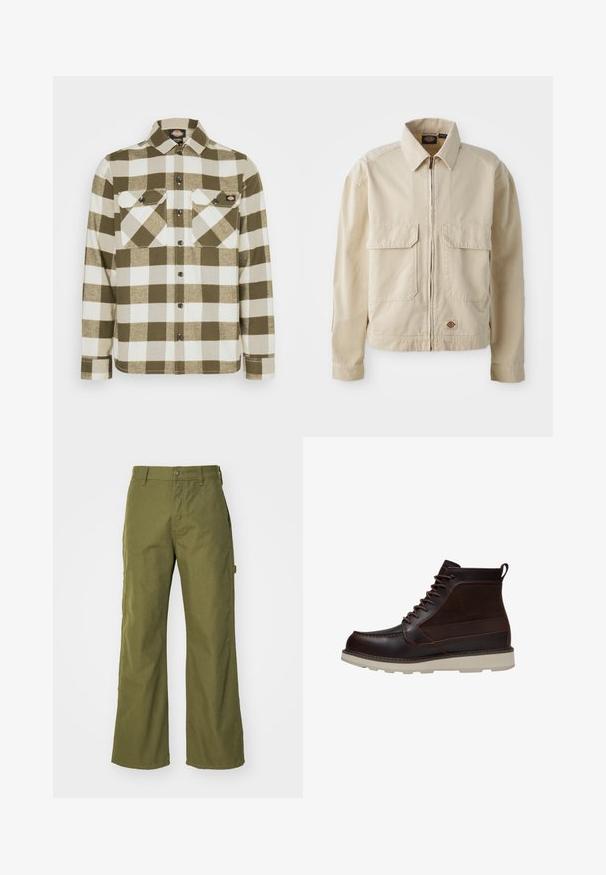 Veste beige légère avec fermeture éclair sur le devant, deux poches poitrine et un petit logo à l'ourlet. Fabriquée en tissu coton durable.; Chemise en flanelle à carreaux verts et blancs avec col, boutonnage à l'avant et deux poches sur la poitrine. Elle se distingue par un tissu doux et texturé.; Pantalons larges vert olive en tissu durable, dotés d'une fermeture à bouton, de poches latérales et d'un design à ourlet droit.; Bottine en cuir marron foncé avec lacets à l’avant, semelle épaisse beige clair et languette à l’arrière, présentée sur fond blanc.