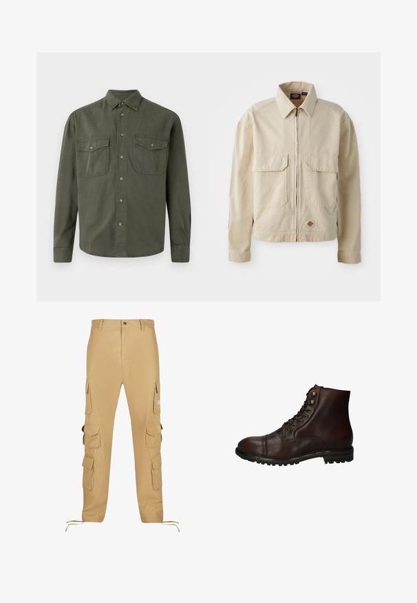 Beige, lichtgewicht jack met een rits aan de voorkant, twee borstzakken en een klein logo aan de onderrand. Gemaakt van duurzaam katoen.; Khaki langekootshirt van katoen. Heeft een knoopsluiting aan de voorkant, twee borstzakken met kleppen en een klassieke kraag. Eenvoudig ontwerp.; Beige cargo broek van stevig materiaal, met meerdere zijzakken, een trekkoord bij de enkels en een knoopsluiting.; Donkergrote leren veterschoenen tot de enkels met een robuuste rubberen zool en metalen veters, gezien vanuit de buitenzijde.