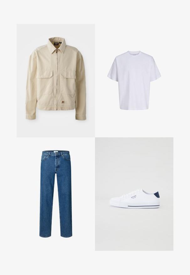 Chaqueta ligera beige con cremallera en el frente, dos bolsillos en el pecho y un pequeño logo en el dobladillo. Fabricada con un duradero tejido de algodón.; Camiseta blanca lisa de manga corta, de gran tamaño, con cuello redondo y corte holgado sobre un fondo blanco.; Vaqueros azul de corte recto con cierre de botón y cremallera, trabillas para el cinturón y diseño de cinco bolsillos.; Zapatillas de lona blancas con un acento en el talón en color navy, suela de goma plana, punta redonda y cordones blancos. Presenta un logo en el costado.