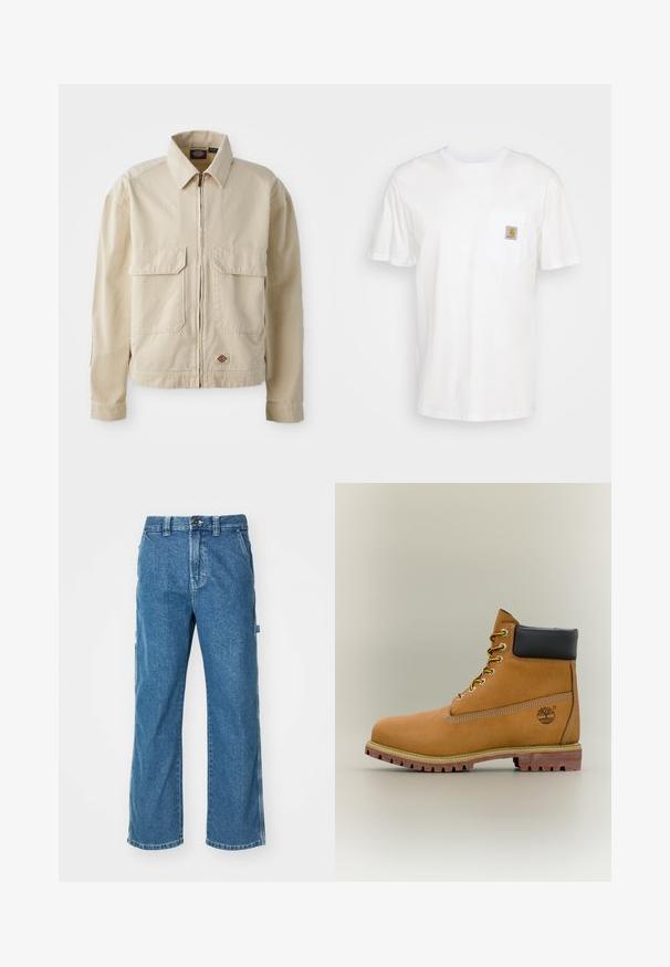 Chaqueta ligera beige con cremallera en el frente, dos bolsillos en el pecho y un pequeño logo en el dobladillo. Fabricada con un duradero tejido de algodón.; Camiseta de algodón blanca con mangas cortas, un bolsillo en el pecho y un pequeño parche cuadrado de logo en naranja y blanco en el bolsillo.; Pantalones cargo de mezclilla azul con un corte relajado, que cuentan con bolsillos laterales, cremallera en la bragueta y costuras de contraste en las costuras.; Bota de tobillo de cuero marrón con cuello negro, cordones amarillos y suela beige. Presenta un logotipo y detalles de costura blanca. Suela exterior con tracción robusta.