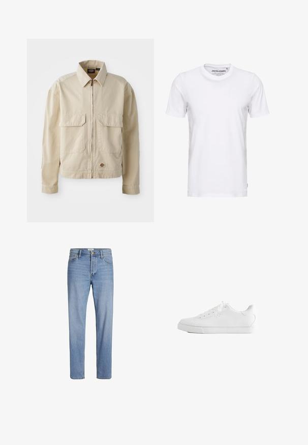 Veste beige légère avec fermeture éclair sur le devant, deux poches poitrine et un petit logo à l'ourlet. Fabriquée en tissu coton durable.; T-shirt blanc à manches courtes en coton, avec un col rond et un design simple. Étiquette de marque visible au niveau du cou. Aucun motif ni accent.; Jean en denim bleu clair avec une coupe droite, design standard à cinq poches et couture visible. Pas de motifs distincts ni d'accents.; Baskets basses blanches avec lacets, dessus en cuir lisse et semelle extérieure en caoutchouc plate, vues de côté sur fond blanc.