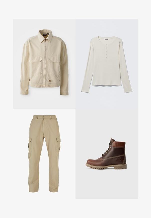 Beige, leichte Jacke mit Reißverschluss, zwei Brusttaschen und kleinem Logo am Saum. Hergestellt aus strapazierfähigem Baumwollmaterial.; Langärmeliges cremefarbenes Henley-Shirt mit rundem Ausschnitt und Fünf-Knopf-Leiste, mit dem Label Weekday, auf einem neutralen Hintergrund flach ausgelegt.; Beige Cargo-Hosen aus Baumwolltwill mit mehreren Seitentaschen, geradem Bein Design und einem Reißverschluss mit Gürtelschlaufen.; Braune Leder-Schnürstiefelette mit gepolsterter Knöchelpartie, kontrastierenden Nähten und robustem Sohlendesign, von der Außenseite auf einem weißen Hintergrund gezeigt.