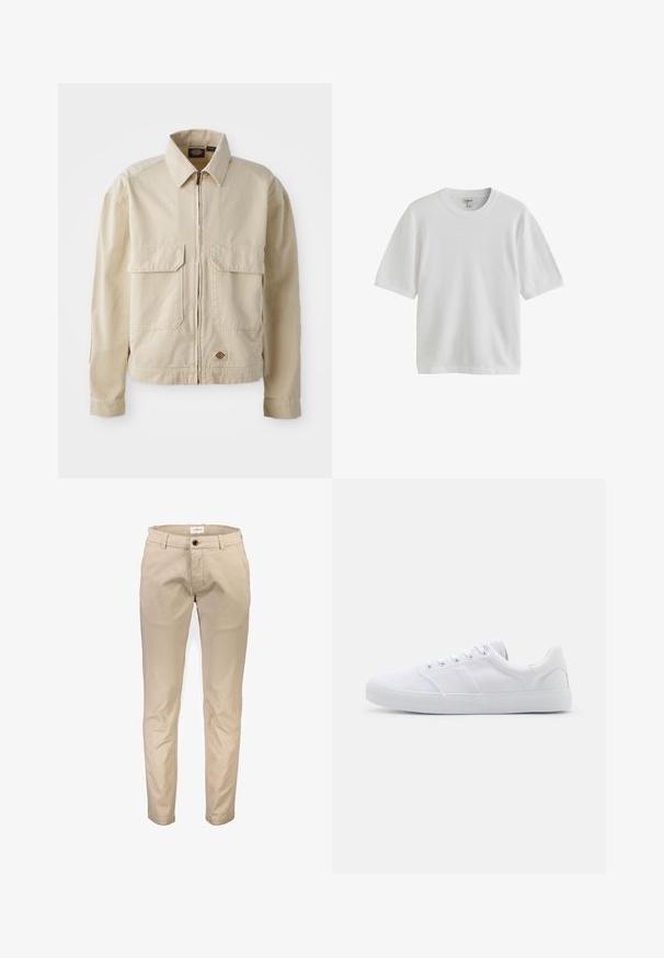 Beige, leichte Jacke mit Reißverschluss, zwei Brusttaschen und kleinem Logo am Saum. Hergestellt aus strapazierfähigem Baumwollmaterial.; Einfaches weißes T-Shirt mit kurzen Ärmeln und rundem Halsausschnitt, vor weißem Hintergrund dargestellt.; Beige Baumwollhosen mit geradem Bein, ausgestattet mit Vordertaschen, Reißverschluss und einem einzelnen Knopfverschluss. Glatte Textur, ohne Muster.; Weiße Leinenschuhe mit Gummisohle, ausgestattet mit sechs Ösen, einer strukturierten Zehenkappe und minimalistischer Gestaltung.