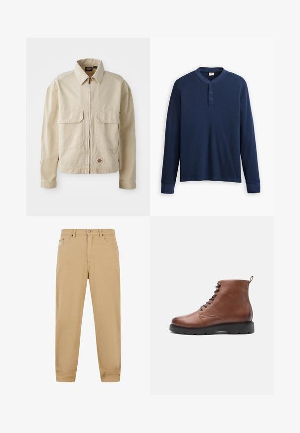 Beige, lichtgewicht jack met een rits aan de voorkant, twee borstzakken en een klein logo aan de onderrand. Gemaakt van duurzaam katoen.; Langdraagbare marineblauwe henley shirt van ribstof. Heeft een ronde halslijn en een knoopsluiting met drie knopen. De mouwen zijn aangesloten.; Beige katoenen broek met een rechte snit, voorzien van een rits en vijf zakken, en subtiele stikseldetails. Glad textuur en klassiek ontwerp.; Bruine leren enkelboots met een ronde neus, veter sluiting en een zwarte rubberen zool. Voorzien van een lus aan de achterkant voor een gemakkelijker aan- en uittrekken.
