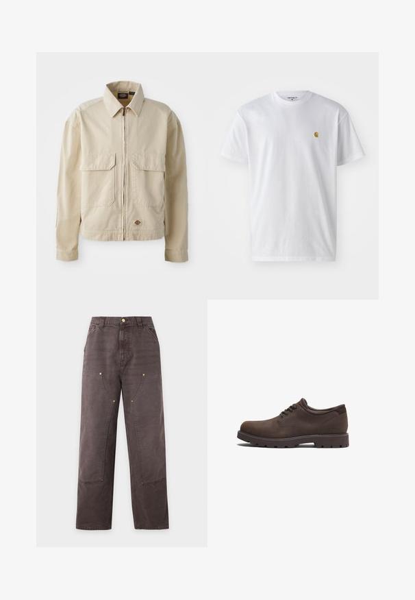 Chaqueta ligera beige con cremallera en el frente, dos bolsillos en el pecho y un pequeño logo en el dobladillo. Fabricada con un duradero tejido de algodón.; Camiseta de algodón blanca con mangas cortas, cuello redondo, que presenta un pequeño logo dorado en la parte izquierda del pecho. Textura suave y corte regular.; Pantalones marrones de corte recto con cintura alta, bolsillos delanteros, trabillas para cinturón y costuras visibles en rodillas y muslos.; Zapatos de cuero marrón con puntera redondeada y diseño de cordones. Presentan una superficie texturizada y una suela de goma de alta tracción. Logo sutil en el lado.